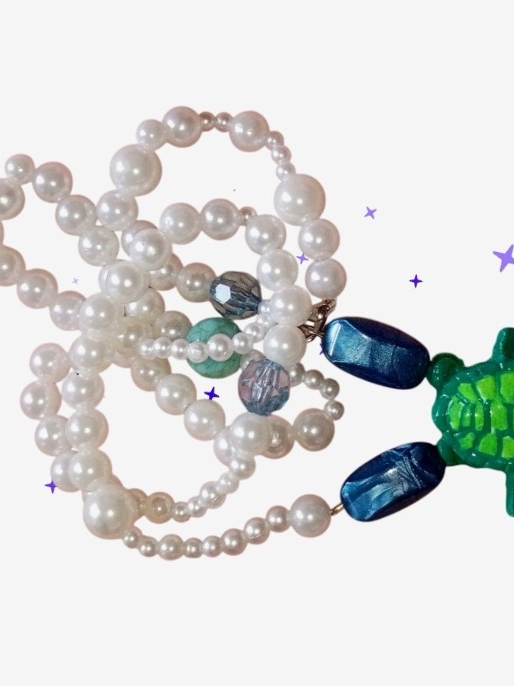 Layered Faux Pearl Necklace with Green Sea Turtle Pendant